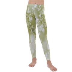 Olive Green With White Flowers Kids  Lightweight Velour Leggings by SpinnyChairDesigns