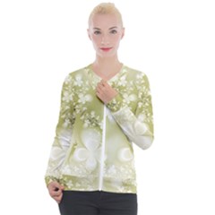 Olive Green With White Flowers Casual Zip Up Jacket by SpinnyChairDesigns