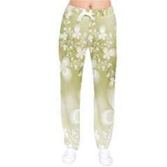 Olive Green With White Flowers Women Velvet Drawstring Pants by SpinnyChairDesigns