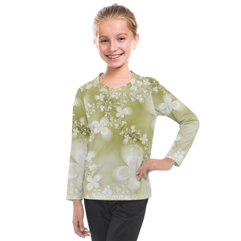 Olive Green With White Flowers Kids  Long Mesh Tee by SpinnyChairDesigns