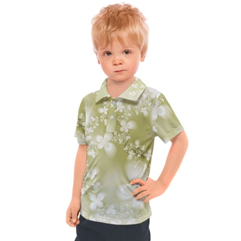 Olive Green With White Flowers Kids  Polo Tee by SpinnyChairDesigns