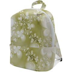 Olive Green With White Flowers Zip Up Backpack