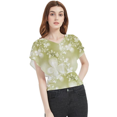 Olive Green With White Flowers Butterfly Chiffon Blouse by SpinnyChairDesigns