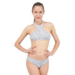 Ash Grey Floral Pattern High Neck Bikini Set by SpinnyChairDesigns