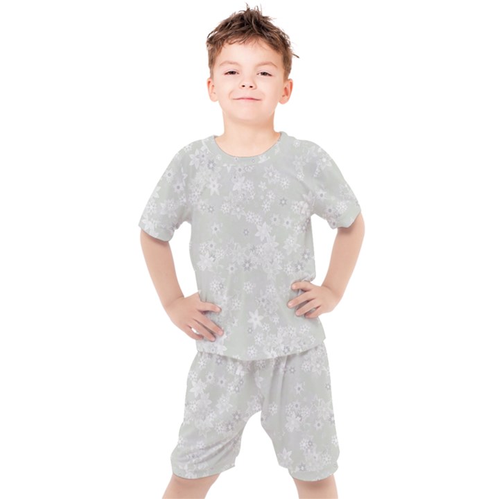 Ash Grey Floral Pattern Kids  Tee and Shorts Set