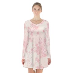 Baby Pink Floral Print Long Sleeve Velvet V-neck Dress by SpinnyChairDesigns