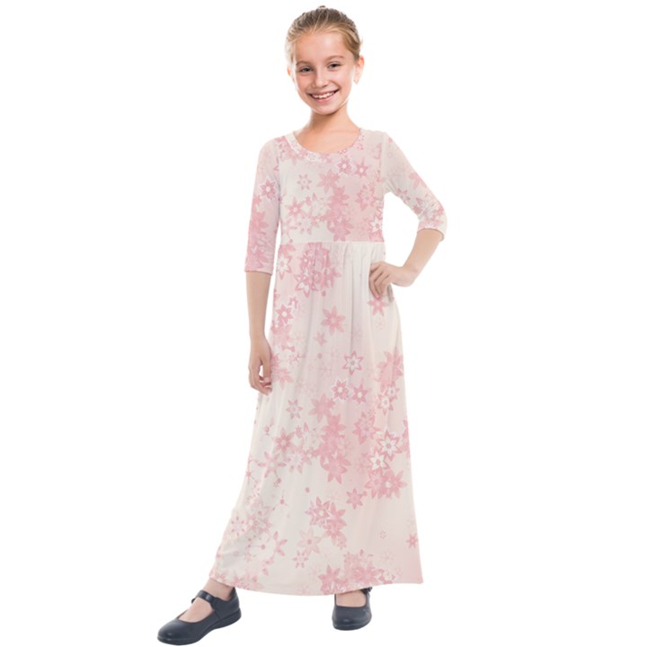 Baby Pink Floral Print Kids  Quarter Sleeve Maxi Dress