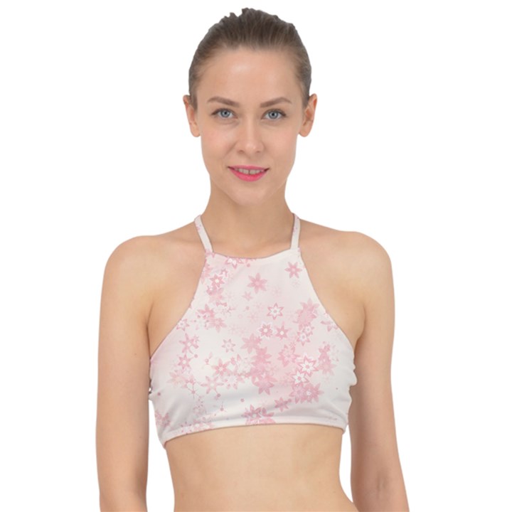 Baby Pink Floral Print Racer Front Bikini Top