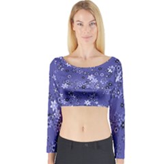 Slate Blue With White Flowers Long Sleeve Crop Top by SpinnyChairDesigns