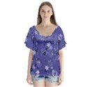 Slate Blue With White Flowers V-Neck Flutter Sleeve Top View1