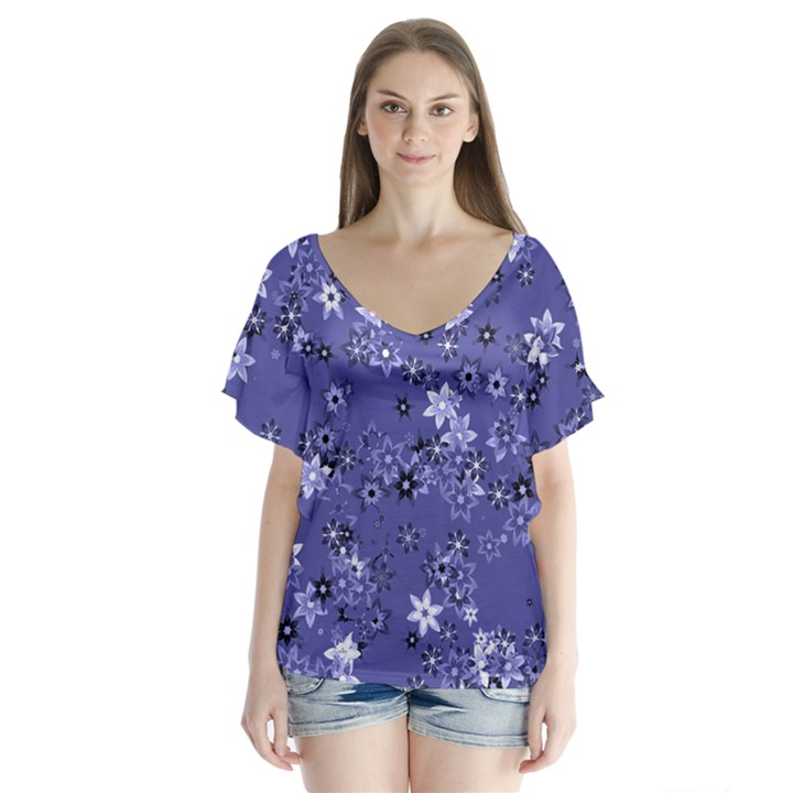 Slate Blue With White Flowers V-Neck Flutter Sleeve Top