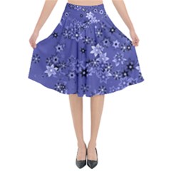 Slate Blue With White Flowers Flared Midi Skirt by SpinnyChairDesigns