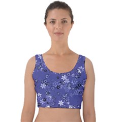 Slate Blue With White Flowers Velvet Crop Top by SpinnyChairDesigns