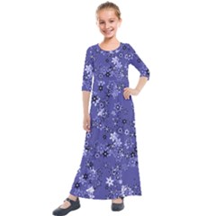 Slate Blue With White Flowers Kids  Quarter Sleeve Maxi Dress by SpinnyChairDesigns