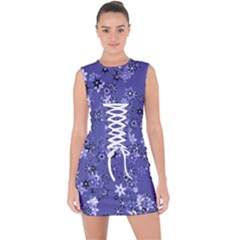 Slate Blue With White Flowers Lace Up Front Bodycon Dress by SpinnyChairDesigns