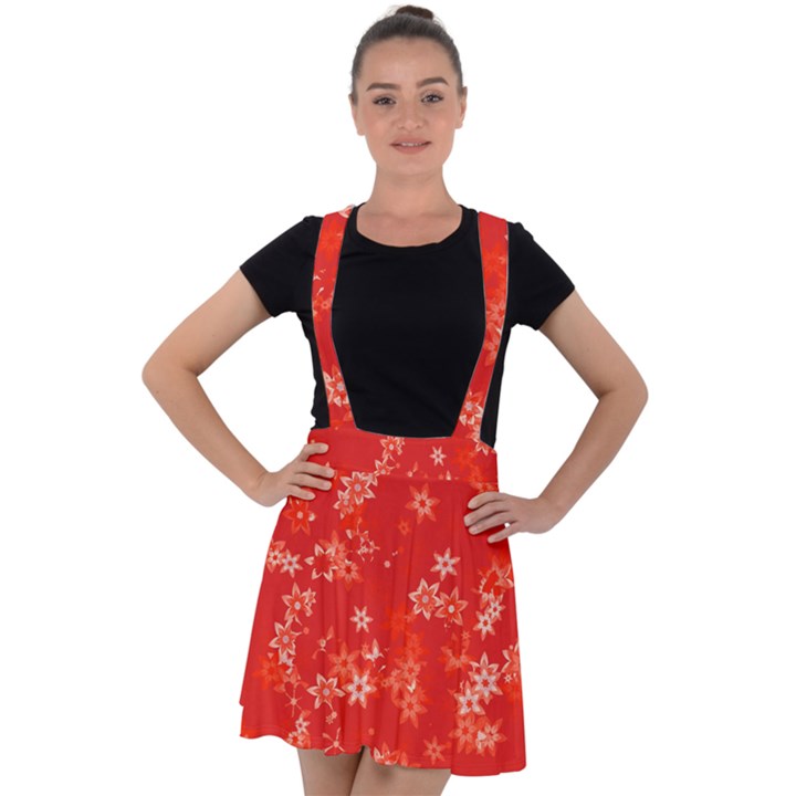 Red and White Flowers Velvet Suspender Skater Skirt