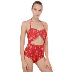 Red And White Flowers Scallop Top Cut Out Swimsuit by SpinnyChairDesigns