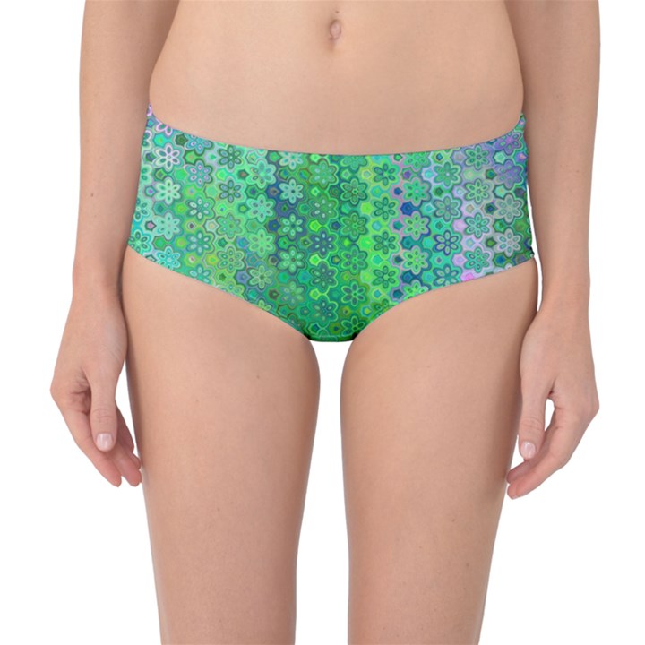 Boho Green Floral Print Mid-Waist Bikini Bottoms