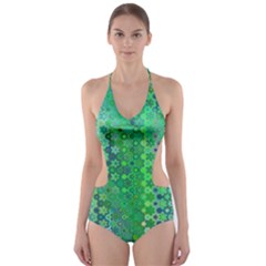 Boho Green Floral Print Cut-out One Piece Swimsuit by SpinnyChairDesigns