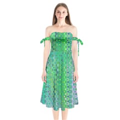 Boho Green Floral Print Shoulder Tie Bardot Midi Dress by SpinnyChairDesigns