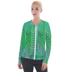 Boho Green Floral Print Velour Zip Up Jacket by SpinnyChairDesigns