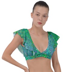 Boho Green Floral Print Plunge Frill Sleeve Bikini Top by SpinnyChairDesigns