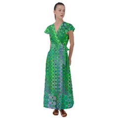 Boho Green Floral Print Flutter Sleeve Maxi Dress by SpinnyChairDesigns