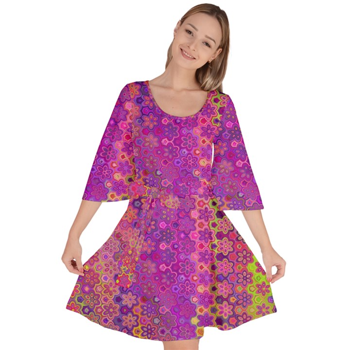 Boho Fuchsia Floral Print  Velour Kimono Dress