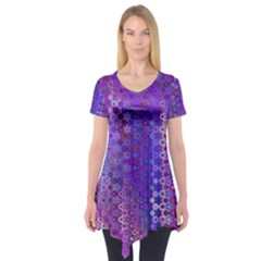 Boho Purple Floral Print Short Sleeve Tunic  by SpinnyChairDesigns