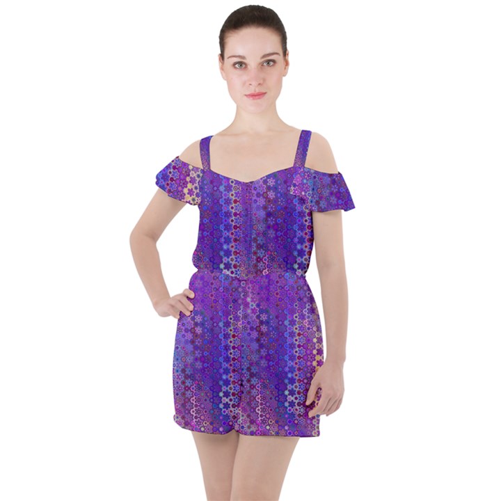 Boho Purple Floral Print Ruffle Cut Out Chiffon Playsuit