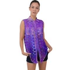 Boho Purple Floral Print Sleeveless Chiffon Button Shirt