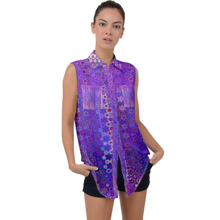 Boho Purple Floral Print Sleeveless Chiffon Button Shirt