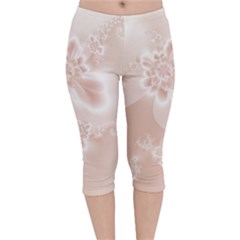 Tan White Floral Print Velvet Capri Leggings  by SpinnyChairDesigns