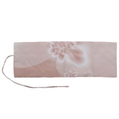 Tan White Floral Print Roll Up Canvas Pencil Holder (m) by SpinnyChairDesigns