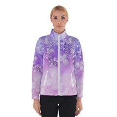 White Purple Floral Print Winter Jacket by SpinnyChairDesigns