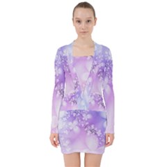 White Purple Floral Print V-neck Bodycon Long Sleeve Dress by SpinnyChairDesigns