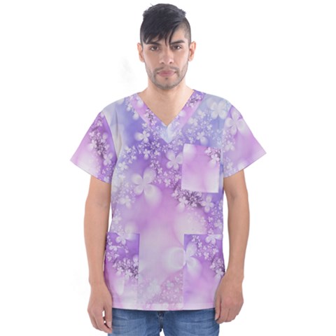 White Purple Floral Print Men s V-neck Scrub Top by SpinnyChairDesigns