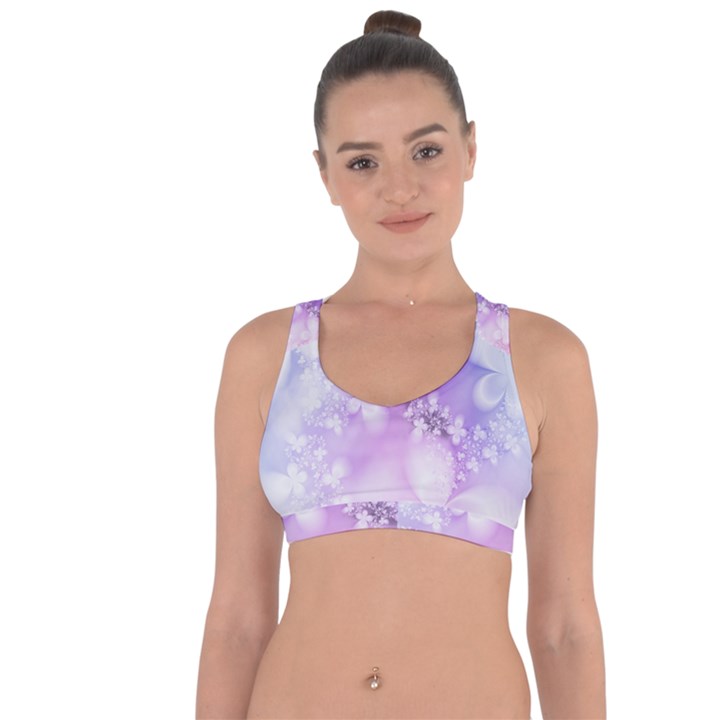 White Purple Floral Print Cross String Back Sports Bra