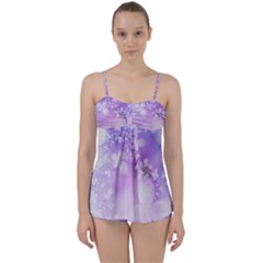 White Purple Floral Print Babydoll Tankini Set by SpinnyChairDesigns