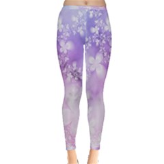 White Purple Floral Print Inside Out Leggings by SpinnyChairDesigns