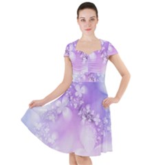 White Purple Floral Print Cap Sleeve Midi Dress by SpinnyChairDesigns