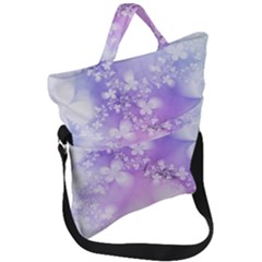 White Purple Floral Print Fold Over Handle Tote Bag by SpinnyChairDesigns