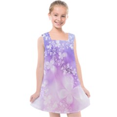 White Purple Floral Print Kids  Cross Back Dress by SpinnyChairDesigns