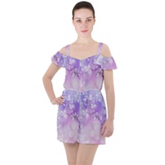 White Purple Floral Print Ruffle Cut Out Chiffon Playsuit by SpinnyChairDesigns