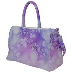 White Purple Floral Print Duffel Travel Bag by SpinnyChairDesigns