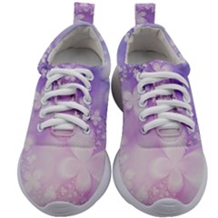 White Purple Floral Print Kids Athletic Shoes by SpinnyChairDesigns