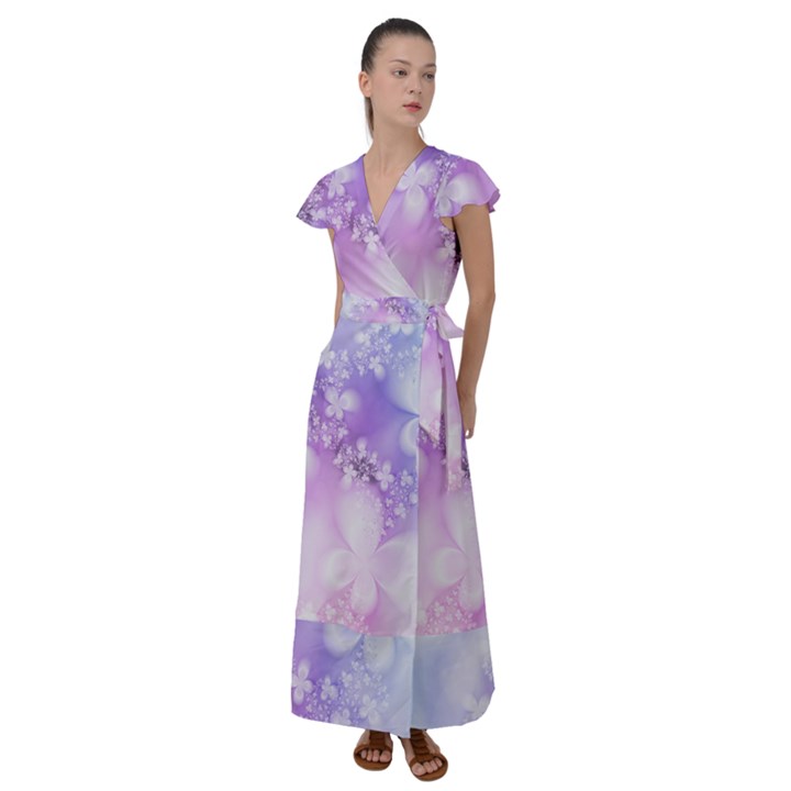 White Purple Floral Print Flutter Sleeve Maxi Dress