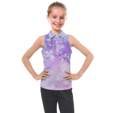 White Purple Floral Print Kids  Sleeveless Polo Tee by SpinnyChairDesigns