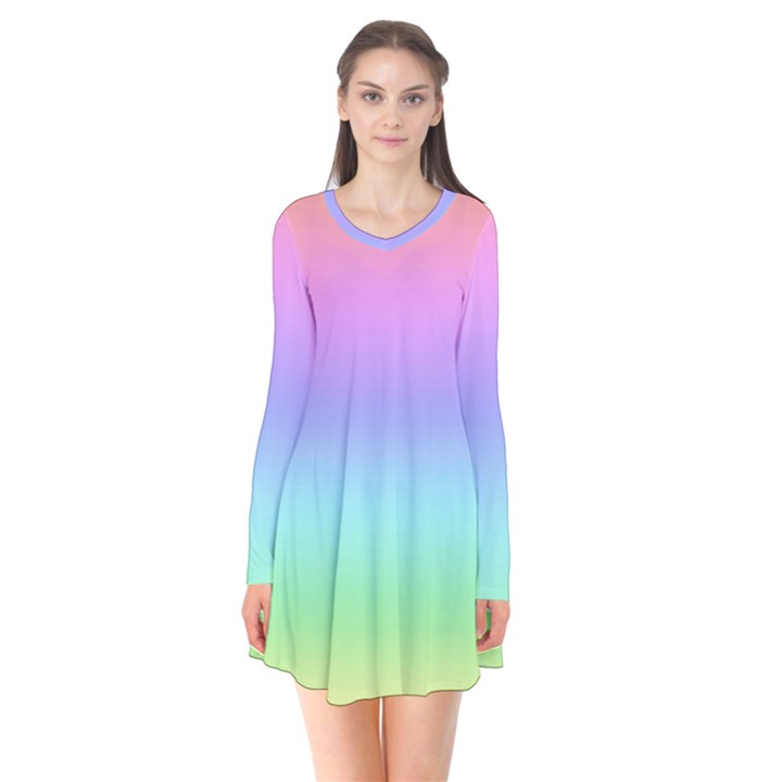 Pastel Rainbow Ombre Gradient Long Sleeve V-neck Flare Dress