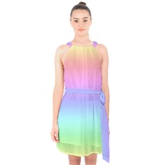 Pastel Rainbow Ombre Gradient Halter Collar Waist Tie Chiffon Dress by SpinnyChairDesigns